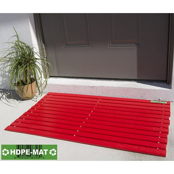 2020 HDPE-MAT UV Resistant Heavy Duty Waterproof Front Door Mat Red Stylish Handcrafted Recycled Plastic Poly Lumber Slats Eco Friendly for Outdoor Entrance Patio Garage Entry 